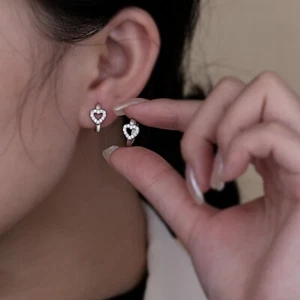 925 Sterling Silver Heart CZ Gem Circle Hoop Huggie Earrings Women Girl Gift UK - Picture 1 of 10