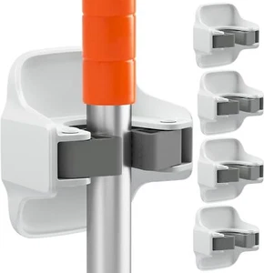 5 Pack Broom Holder Wall Mount Mop Grippers No Drilling 5 1Rack, White - Picture 1 of 7