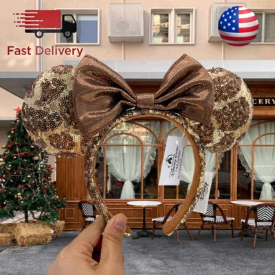 全新 迪士尼乐园 棕色 米妮 米老鼠 豹亮片 耳朵 蝴蝶结 头带 美国 — 第 1/4 张图片