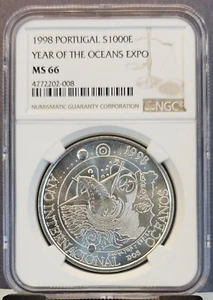 1998 PORTUGAL SILVER 1000 ESCUDOS YEAR OF THE OCEANS EXPO NGC MS 66 GEM BU  - Picture 1 of 3