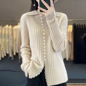 2025 Nuevo cárdigan tejido de lana con cuello de solapa para mujer calce ajustado chaqueta de manga larga - Imagen 1 de 23