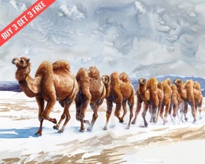 Bactrian Camel Trooping across Mongolian Gobi Watercolor 8x10 Print - Picture 1 of 1