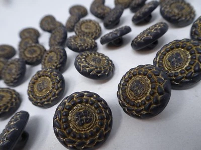 Vtg Geometric Ornate Round Antique Gold Black Shank Buttons Lot of 4 B130-10 - Image 1 of 4
