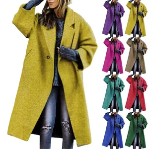 Women's Notched Collar Oversized Wool Blend Single Breast Midi Long Trench Coat - Picture 1 of 42