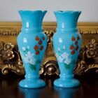 (2) Pair Antique Bristol Blue Mantel Vases With Hand Painted Floral Enamel