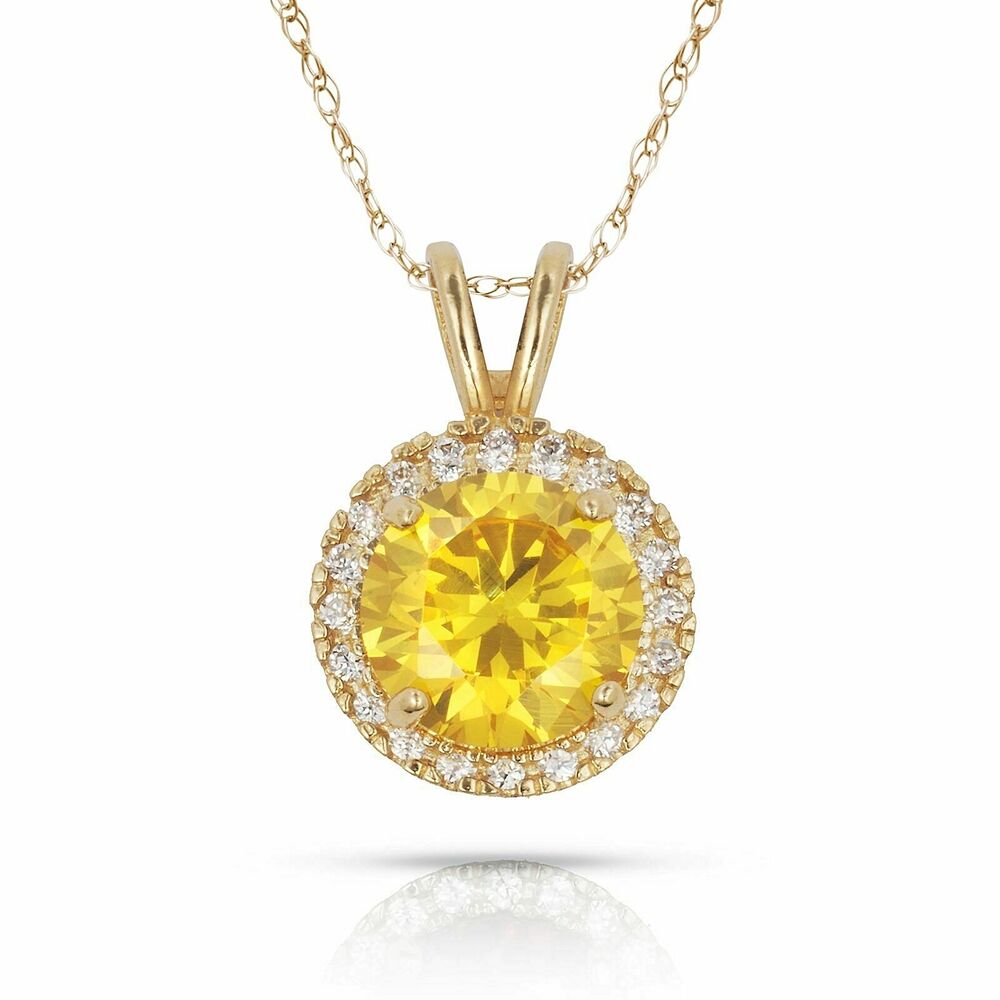 Elegant 14k Yellow Gold Round Halo Yellow Topaz November Birthstone CZ Pendant