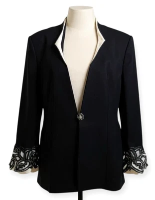 Trajes de Tango Blazer Negro Frente Abierto Un Botón Lentejuelas Puños Forrado Chaqueta Talla 14 Foto 1 de 4