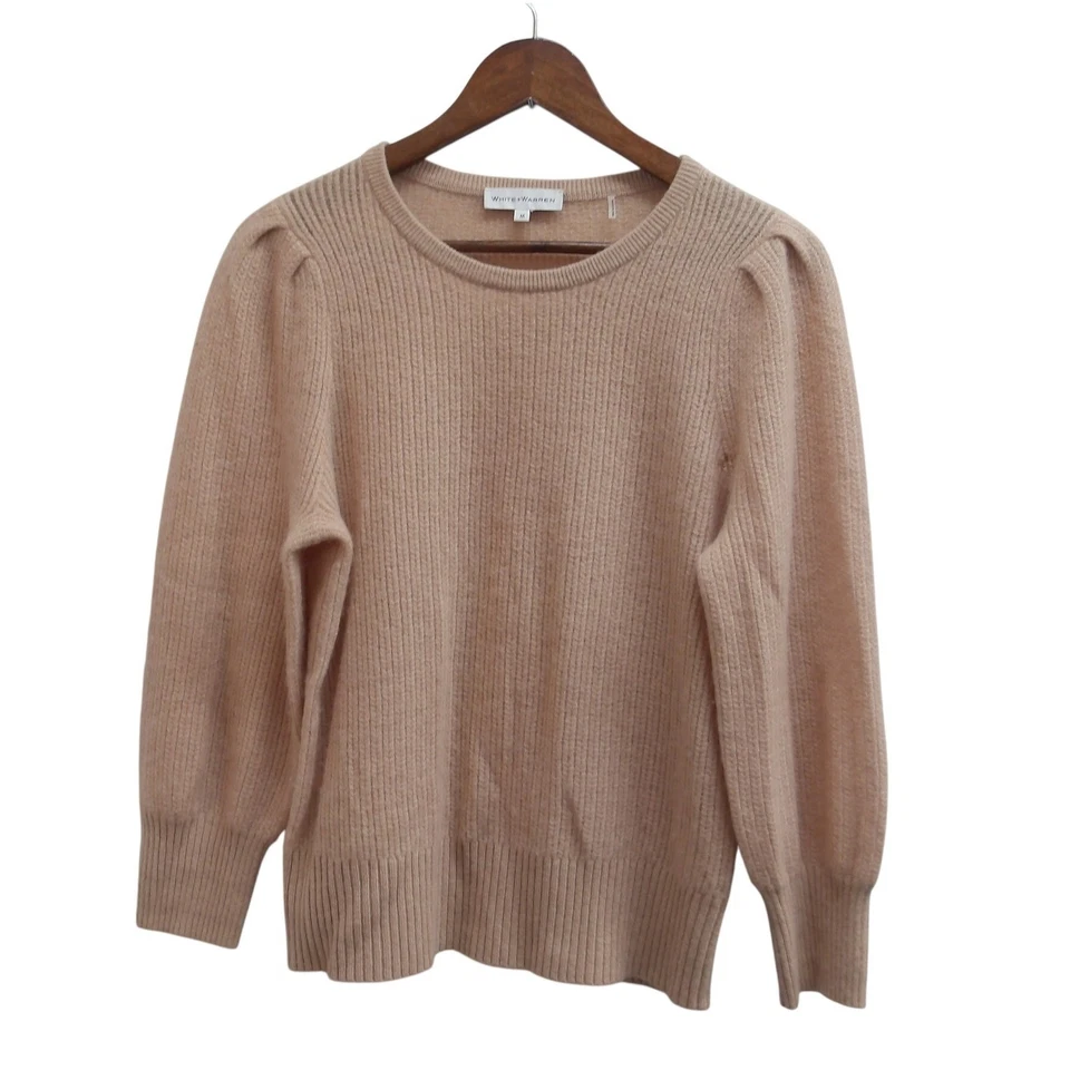 Suéter BLANCO+WARREN Bronceado Acanalado Cuello Redondo Manga Abullonada 100% Cachemira M/#1281 Foto 1 de 4