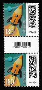 Bund 3870 Raketenpost, Paar m. EAN-Cod + Marke Nr. 135, Fluor. blassgelb ** - Bild 1 von 2