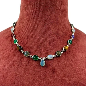 925 Sterling Silver Natural Moonstone & Onyx Gemstone Handmade Jewelry Necklace - Picture 1 of 4