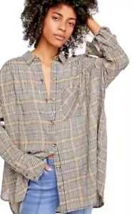 Free People Womens Medium BREAK MY STRIDE Tunic Top Plaid Long Oversized boho - Picture 1 of 7
