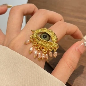 Schiaparelli Inspired Evil Eyes Pearl Tear drop Gold Plated Adjustable Ring - Picture 1 of 6