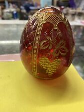 Faberge Egg Ruby Red Etched Cut Glass Gold Painted Design 3 1/2â€� Tall Russia