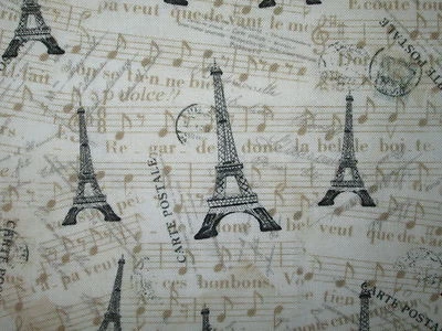 MUSIC NOTES EIFFEL TOWER CREAM POST MARKS VINTAGE COTTON FABRIC FQ  - Image 1 of 4