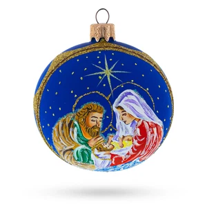 Joseph and Mary Admiring Baby Jesus Glass Ball Ornament 3.25 Inches - Picture 1 of 5