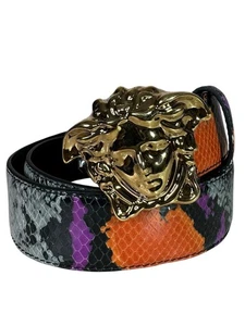 Versace - Unisex Reptile Print Leather Belt with Gold Medusa Buckle - Picture 1 of 8