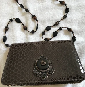 Todd Anthony Evening Bag/ Purse Brown Patent Leather with Beaded  Strap - Picture 1 of 9