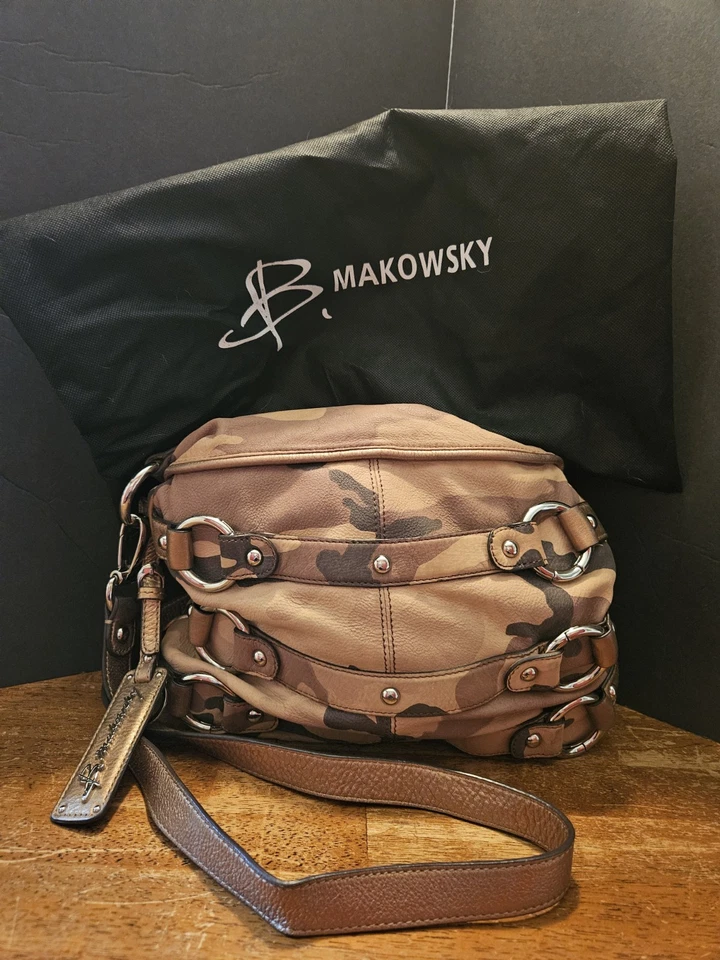 B Makowsky Womens Brown Green Camouflage Leather Studded Shoulder Bag Camo NWOT - Image 1 of 4