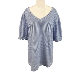 Talbots Plus 2X V-Neck Tee Top Blue White Stripe Smocked Cuff Short Sleeves - Picture 1 of 11