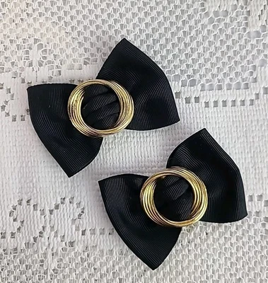 Vintage Black Ribbon Gold Tone Circle Metal Bow Shoe Clips - Image 1 of 4