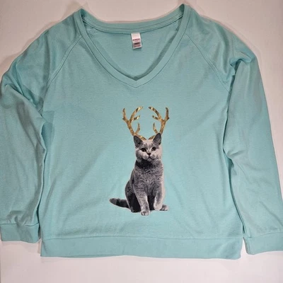 Cat Reindeer Christmas Sweater Womens Size Large Aqua Blue V Neck Raglan Sleeve - Image 1 of 4