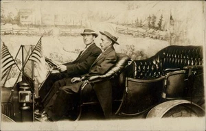 RPPC Vintage Postcard of Men in Antique Car with Flags - Picture 1 of 5