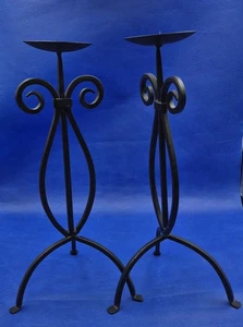 Two Vintage Wrought Iron Tripod Pillar Candle Holders 15.5" Tall - Picture 1 of 6