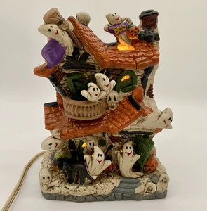 Retro Vintage Ceramic Spooky Ghost House Light Up Halloween Decor Figurine - Picture 1 of 13