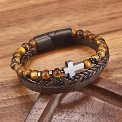 Brazalete Brazalete Brazalete Cruz Dije Ojo de Tigre Cuero Trenzado Hombre Foto 1 de 3