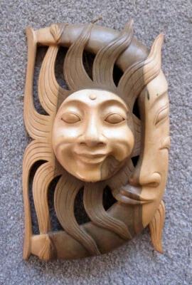 Vintage Indonesian Sun Moon Hibiscus Wood Carved Face Mask Sculpture Wall Art - Image 1 of 4