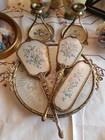 Vintage Petitpoint Round Dressing Table Set Tray, Candle sticks, Brush Set