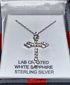 New In Box Lab Created White Sapphire 925 Sterling Silver Cross Pendant Necklace - Picture 1 of 3