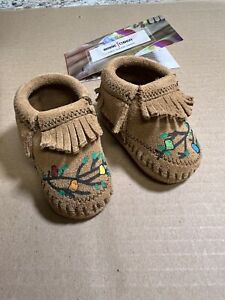 Minnetonka Infant’s Moccasins Boy Girl Size 0 Brown Leather 0-3 Months In Box