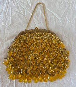 Vtg Richere Bag by Walborg Dangle Beads Sequins Yellow Gold Purse Evening Bag - Picture 1 of 10