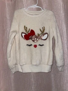 Girls Reindeer Sherpa Ivory Sweater Size S 7/8 - Picture 1 of 6