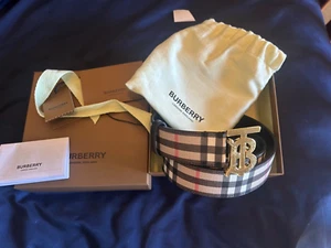BURBERRY - Beige Check Canvas & Black Leather Belt w/Gold TB Buckle - size med - Picture 1 of 6