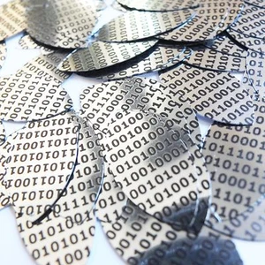 Sequin Navette Leaf 1.5" Black Silver Binary Tech Code Print Out Metallic - Picture 1 of 1