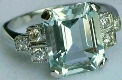 3 Ct Emerald Cut Aquamarine Solitaire Art Engagement Ring 14K White Gold Plated - Image 1 of 4