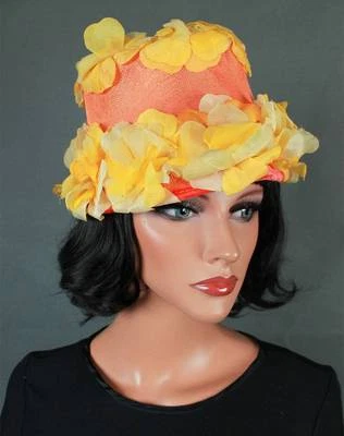 Vintage Bucket Hat Sz L 60s 70s Yellow Orange Flowers Floral Bold Spring Cloche - Image 1 of 4
