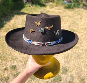 Vintage Pilgrim Westerner STUD Brown Wool Cowboy Hat 7-1/2 Beaded Band & Pins - Picture 1 of 24