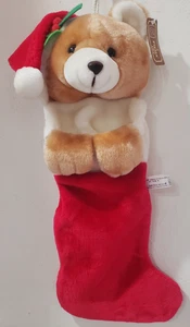 21 Zoll Fiesta 3D hellbraun Teddybär mit Mütze Plüsch Weihnachtsstrumpf 1989 Vintage Hängeetikett - Bild 1 von 14