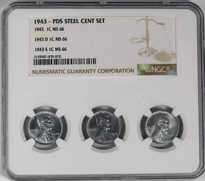 1943 P D S 1c Lincoln Steel Wheat Cent Set NGC MS 66 Unique Slab Tri-Holder - Image 1 of 4