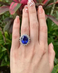 Anillo de compromiso de diamantes de tanzanita de 10,73 quilates corte ovalado oro blanco de 14 quilates 7/8 - Imagen 1 de 10