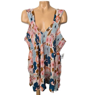 ANGIE Women 2X Smocked Floral Tank Top  Lace Trim Ruffle Babydoll Fall Layering - Image 1 of 4