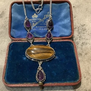 925 SILVER TIGERS EYE AND AMETHYST NECKLACE - Picture 1 of 3