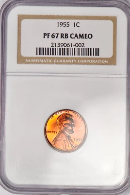 1955 TONED Lincoln Cent Proof NGC PF 67 RB CAMEO PR67CAM Toning Coin 1C - Image 1 of 4