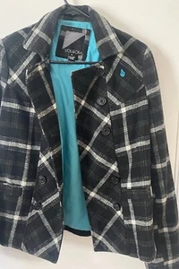 Volcom Women’s Size Medium - Plaid Black and Teal Pea coat - Rare - Picture 1 of 6