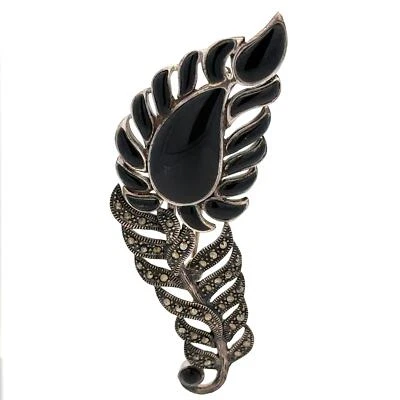 Vintage Sterling Silver Black Onyx & Marcasite Large Abstract Feather Pin Brooch - Image 1 of 4