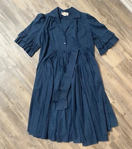 Vtg 70s 80s Skirt Set Blue Polka Dot Ruffle Sleeve Circle Skirt Tie Belt EUC - Picture 1 of 10