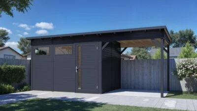 Gartenhaus Holz Gartenbüro Pentus 3 Lounge hellgrau 558 x 234 cm modern gestrich - Bild 1 von 4